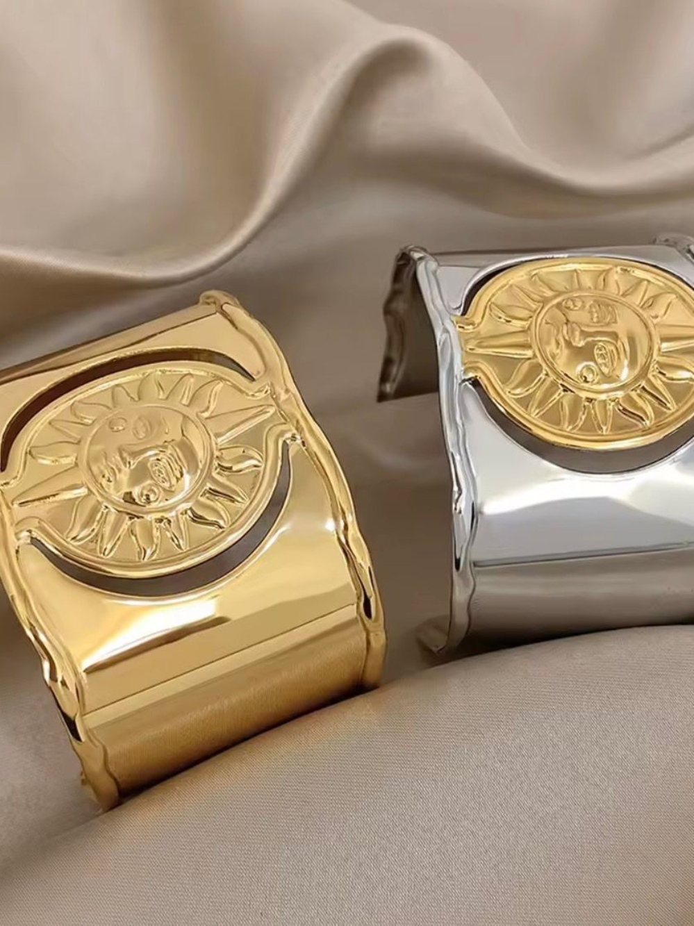 Two-Tone Sun Medallion Cuff Bracelet - Gold & Silver - Picture 3 of 3